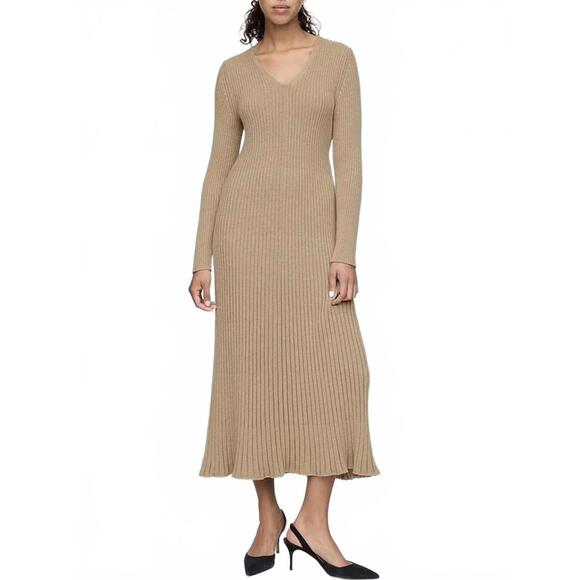 Gap Cotton Rib Sweater V-Neck Maxi Dress Iconic Khaki Tan NWT Size XS Petite - Picture 1 of 7